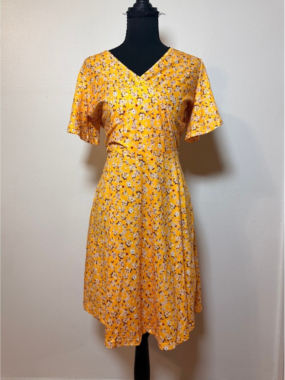 Fensace Yellow Floral Wrap Midi Dress S V Neck Flutter Sleeve